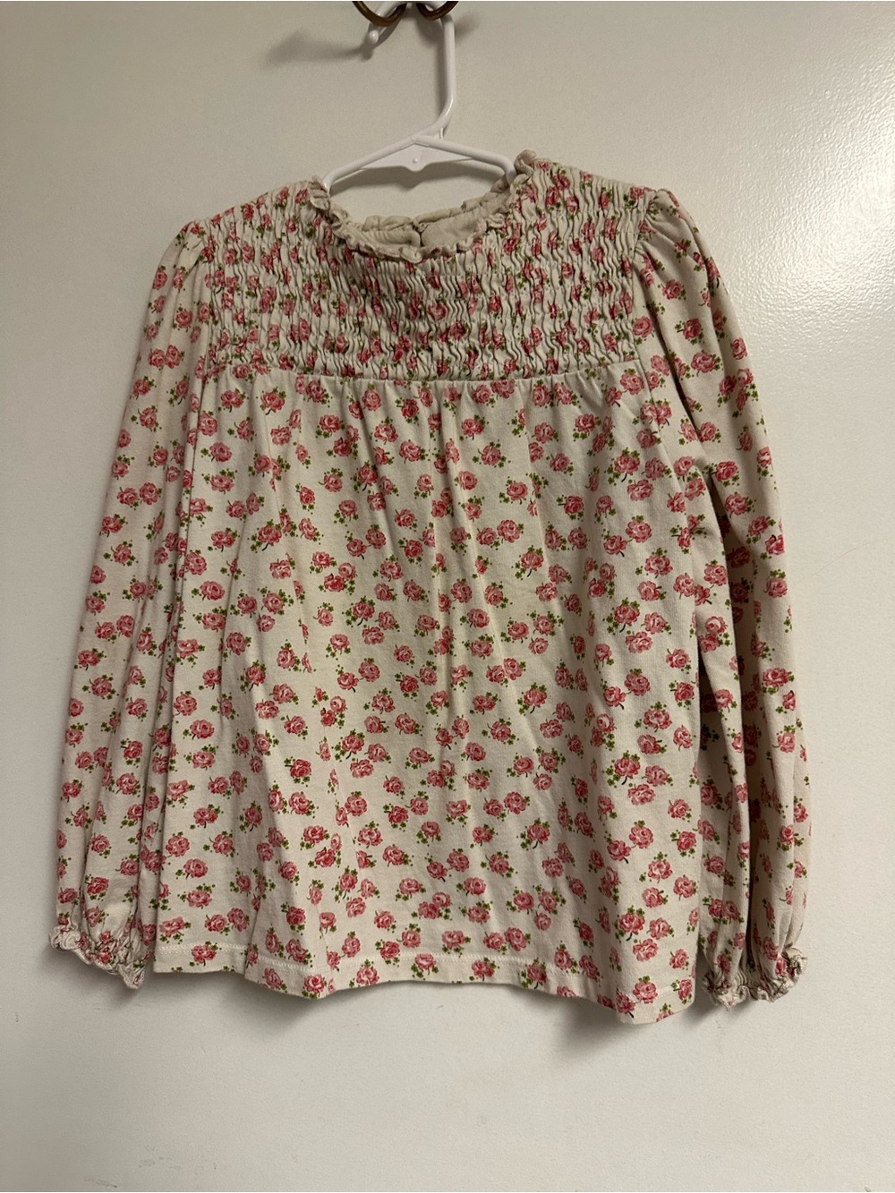 Mini Boden Cream Long Sleeve Smocked Top with Pink Rose Print
